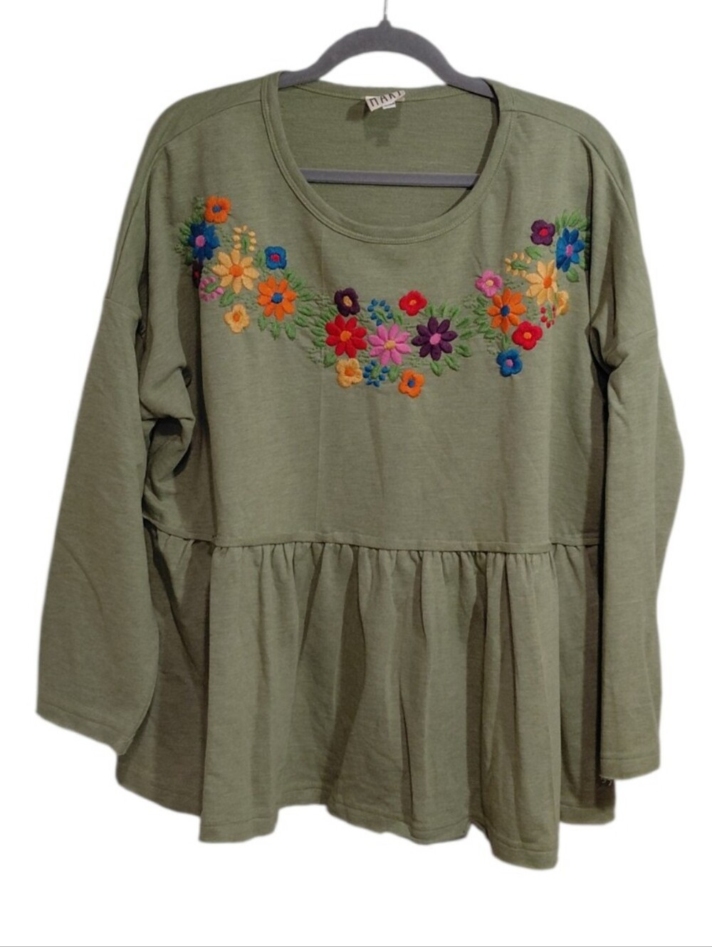 Embroidered Olive Peplum Tunic Top with Floral Accents